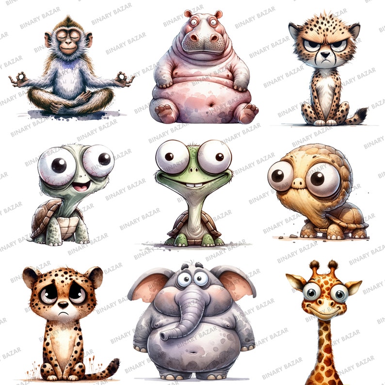 May include: A collection of nine cartoon animal illustrations. The animals include a monkey, hippo, cheetah, turtle, elephant, and giraffe. Each animal has large eyes and is depicted in a watercolor style, with the text "BINARY BAZAR" in the background.