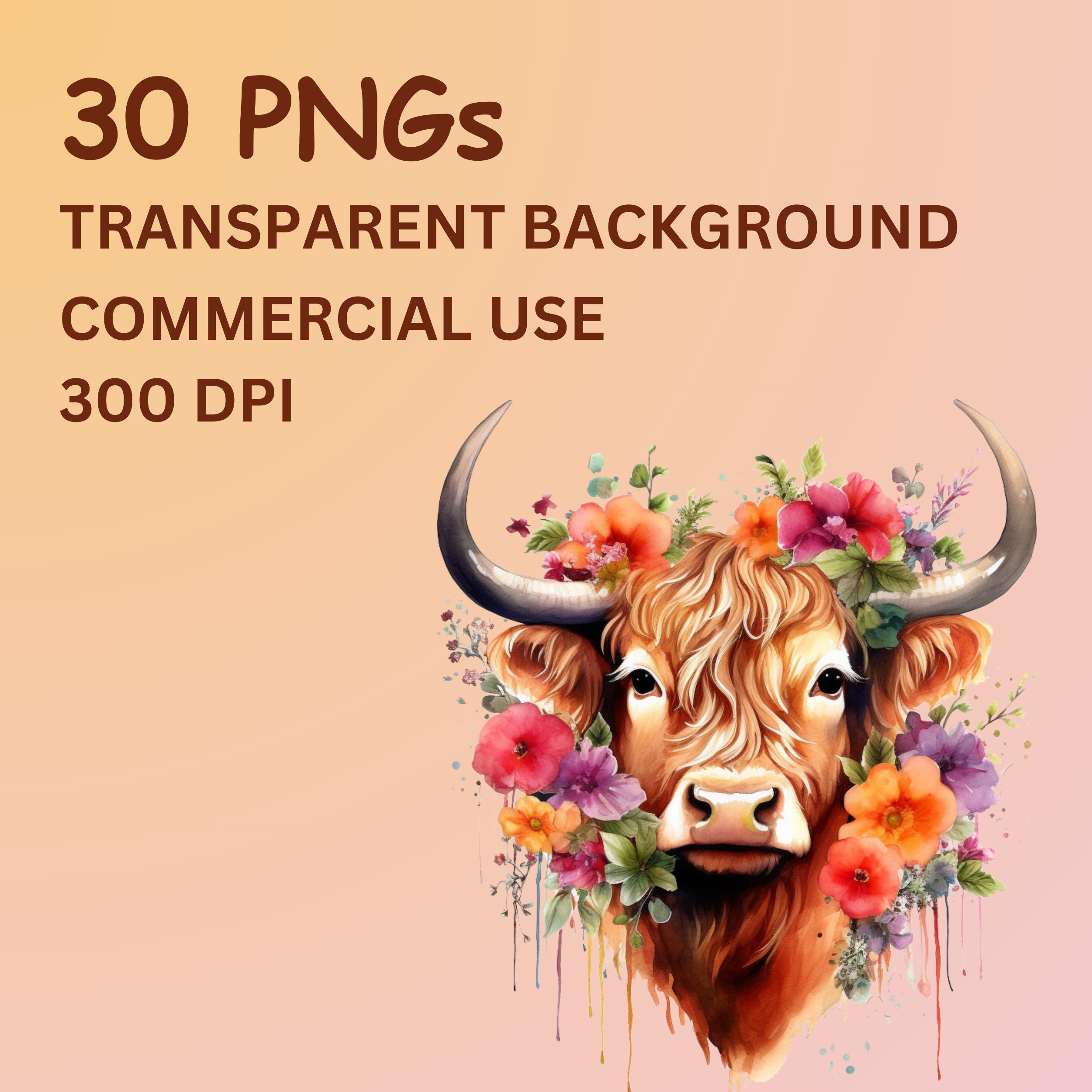30 Watercolor Highland Cow Clipart PNG Bundle: Floral Rustic Farmhouse ...