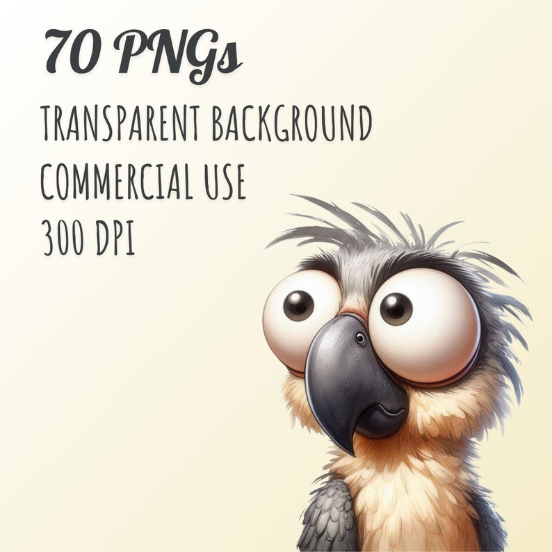 May include: A cartoon illustration of a gray and brown bird with large, round eyes. The bird has a black beak and is looking to the right. The image is set against a light yellow background.