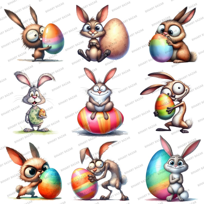 Op de afbeelding: Een verzameling cartoon paashazen met kleurrijke eieren. De konijnen worden in verschillende poses afgebeeld, sommigen houden eieren vast, anderen zitten erop. De eieren hebben levendige regenboogstrepen en patronen, wat een feestelijk en vrolijk thema cre&euml;ert.