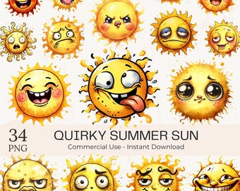 Paquete de 34 imágenes prediseñadas PNG de sol veraniego con un toque original: expresiones faciales divertidas y extravagantes en acuarela (descarga digital)