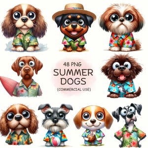 Niedliche Sommer Hunde Clipart PNG Bundle - 48 lustige Aquarell Urlaub Strand Hunde, entzückende Haustier Tierdrucke, digitaler Download, kommerzielle Nutzung