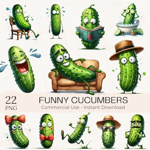 Funny Cucumber Clipart Bundle: Watercolor Pickle Cartoon Images (Digital Download, Commercial Use PNGs)