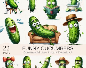 Funny Cucumber Clipart Bundle: Watercolor Pickle Cartoon Images (Digital Download, Commercial Use PNGs)