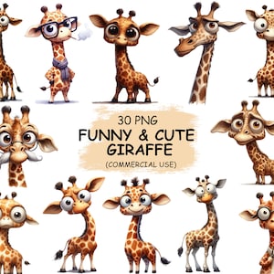 Pacchetto PNG Clipart giraffa carino e divertente - 30 ClipArt di animali Safari ad acquerello / ClipArt trasparente / Download digitale / Uso commerciale