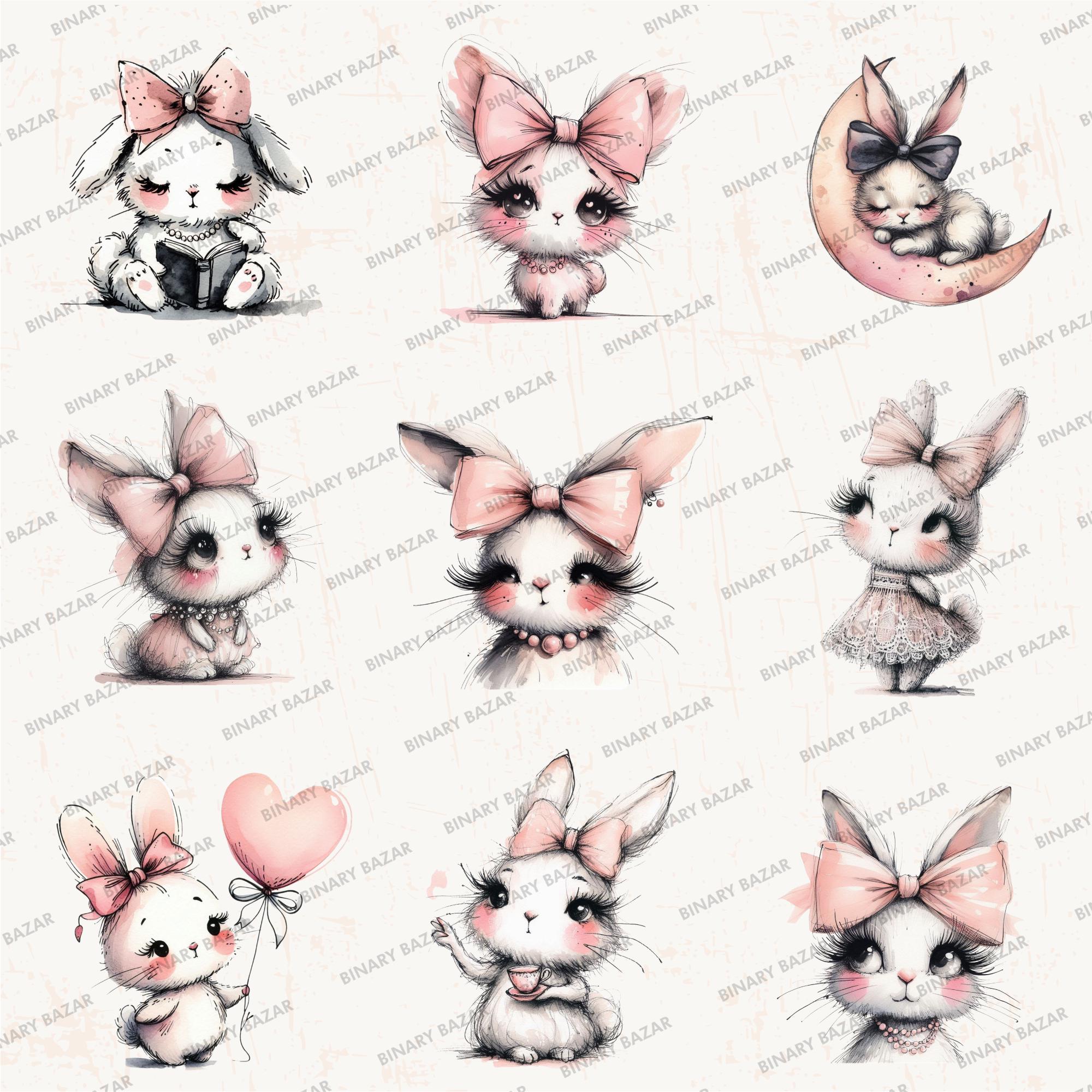 36 Coquette Bunny Clipart PNG Bundle: Watercolor Whimsical Pink Bow ...