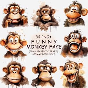 Bundle de cliparts PNG drôles, mignons et originaux, visages de singe - 34 cliparts aquarelle haute qualité humour animaux | Téléchargement instantané | Utilisation commerciale