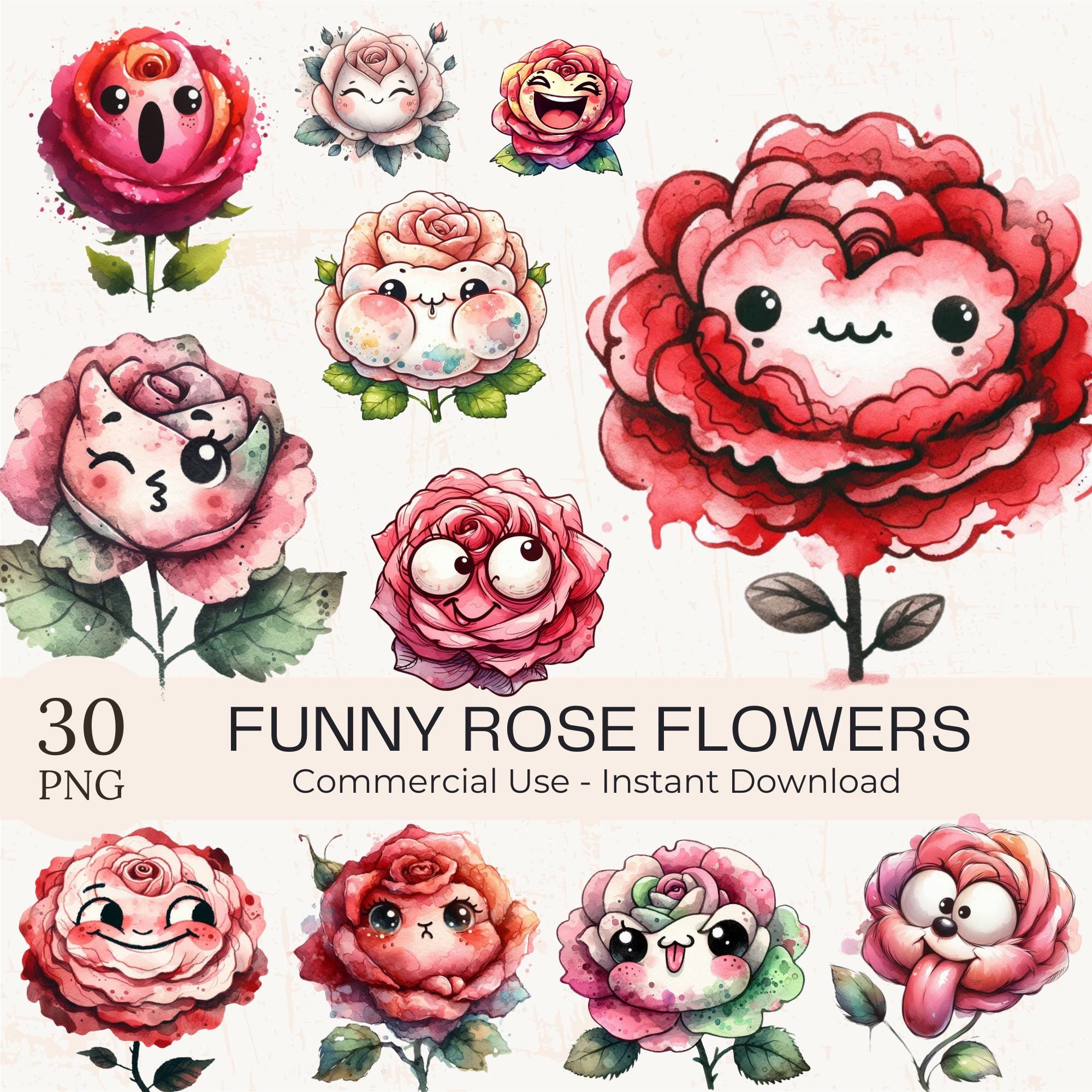 Funny Rose Flower Clipart PNG Bundle: 30 Watercolor Kawaii Floral ...