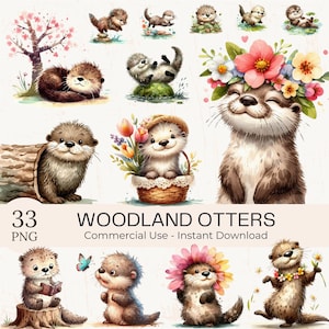 Watercolor Otter Clipart Bundle: 33 Spring Floral PNGs (Digital Download)
