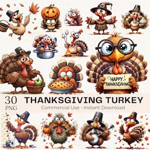 Op de afbeelding: Een verzameling van 30 Thanksgiving-kalkoenillustraties in verschillende poses, sommige met pelgrimshoeden. De kalkoenen houden items vast zoals een taart, een mand met appels en een bord met "Happy Thanksgiving".