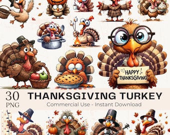 Puede incluir: Una colección de 30 ilustraciones de pavos de Acción de Gracias en varias poses, algunos con sombreros de peregrino. Los pavos sostienen objetos como un pastel, una cesta de manzanas y un letrero que dice "Happy Thanksgiving".