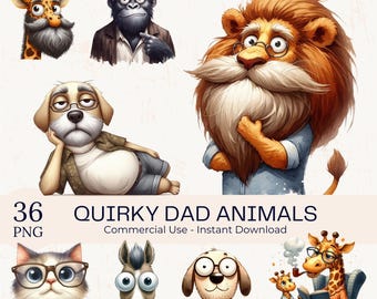 May include: A collection of whimsical illustrations featuring anthropomorphic animals with glasses and beards. The image includes a giraffe, gorilla, lion, dog, cat, donkey, and a giraffe reading a book. Text reads "Quirky Dad Animals".