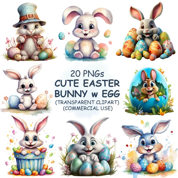 Cute Easter Bunny with Egg Clipart PNG Bundle- 20 Watercolor Adorable Easter Rabbit Transparent Clip Art | Digital Download | Commercial Use