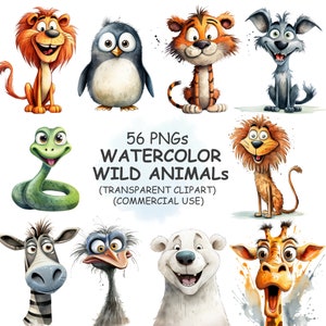 56 grappige en schattige wilde dieren clipart PNG bundel-aquarel safari jungle wildlife transparante clip art | Digitale download | Commercieel gebruik
