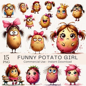 Cute Funny Potato Girl Clipart PNG Bundle, Quirky Cartoon Potato Lady Character, Digital Art for Kids, Teachers, Kitchen Mom, Commercial Use