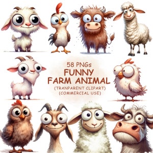 Lindo y divertido animales de granja Clipart PNG Bundle - 58 acuarela vaca, cabra, ganado, oveja, pollo Clip Art - Descarga digital uso comercial