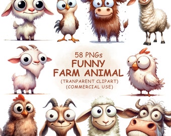 Bundle de clipart PNG animaux de la ferme mignons et drôles - aquarelle 58 vache, chèvre, bétail, mouton, poulet Clip Art - téléchargement numérique usage commercial