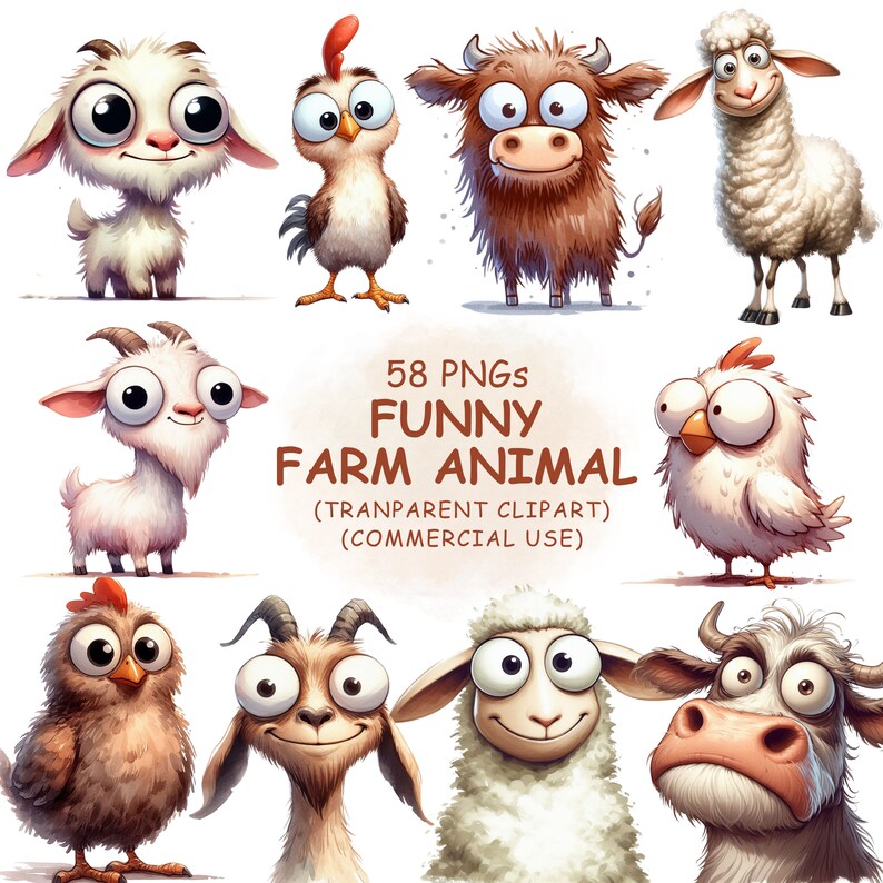 Cute and Funny Farm Animals Clipart PNG Bundle 58 Watercolor Cow, Goat, Cattle, Sheep, Chicken