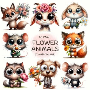 Pacchetto di adorabili animali ad acquerello con clipart di fiori in formato PNG - 46 simpatici animali con accenti floreali, download digitale, uso commerciale incluso