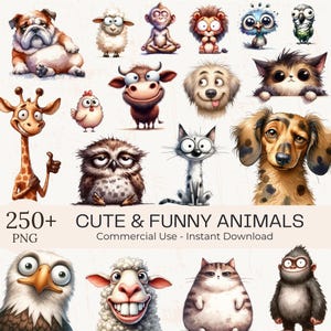 250+ Funny Animals Clipart Bundle: Watercolor Quirky Cartoon Birds, Dogs, Cats (Digital Download) (Commercial Use)