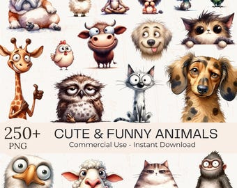 250+ clipartbundel grappige dieren: aquarel eigenzinnige tekenfilm vogels, honden, katten (digitale download)
