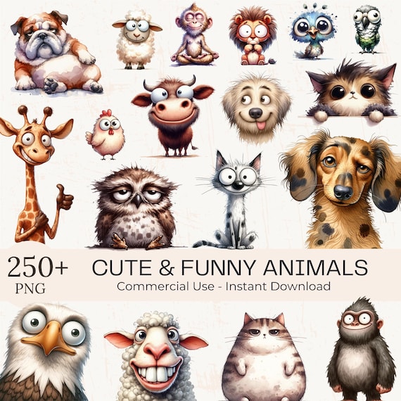 250+ Funny Animals Clipart Bundle: Watercolor Quirky Cartoon Birds, Dogs, Cats (Digital Download)