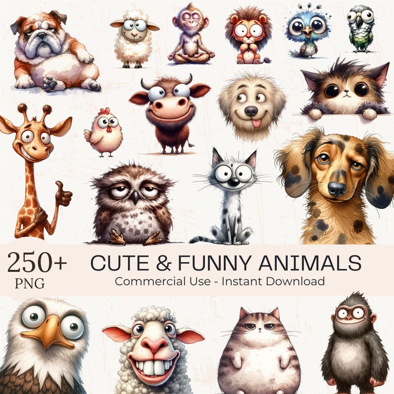 250+ Funny Animals Clipart Bundle: Watercolor Quirky Cartoon Birds, Dogs, Cats (Digital Download) (Commercial Use)