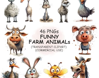 Bundle de clipart PNG animaux de la ferme mignons et drôles - 46 aquarelle vache, chèvre, cochon, mouton, cheval, poulet Clip Art-téléchargement numérique usage commercial