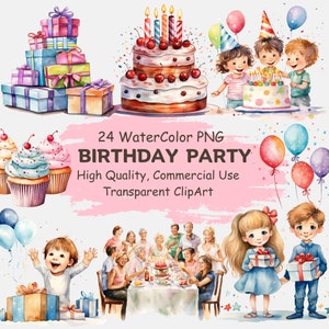 Joyeux anniversaire fête ClipArt PNG Bundle - 24 ballons aquarelles gâteau anniversaire célébration imprimable Clip Art - téléchargement numérique