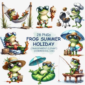 Grenouille, profitant des vacances d'été ClipArt PNG Bundle - 28 aquarelle mignon & drôle de plage été saison Vibes imprimable Clip Art - téléchargement numérique
