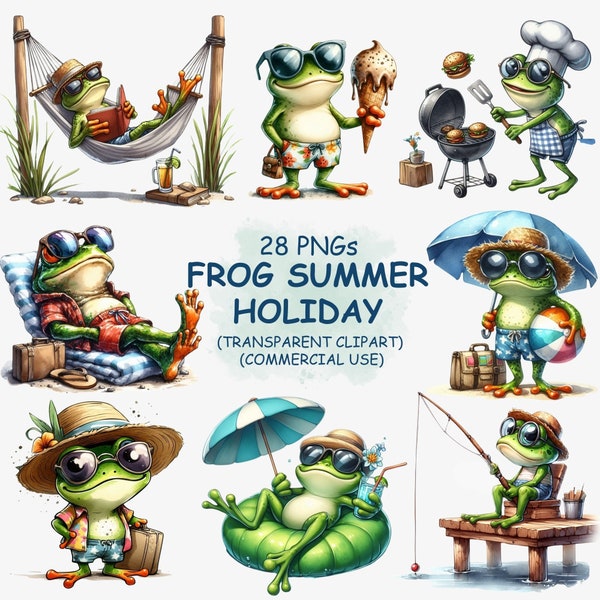 Frog Enjoying Summer Holiday ClipArt PNG Bundle - 28 Watercolor Cute & Funny Beach Summer Season Vibes Printable Clip Art - Digital Download
