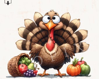 Puede incluir: Ilustración de dibujos animados de un pavo con un gran abanico de plumas marrones y beige. El pavo tiene una carúncula roja y un pico naranja. Una cesta de frutas y verduras y dos calabazas están en el suelo.