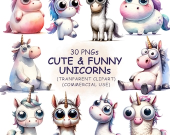 Cute & Funny Unicorn Clipart PNG Bundle - 30 Watercolor Fantasy Horses Animals | Transparent Clip Art | Digital Download | Commercial Use