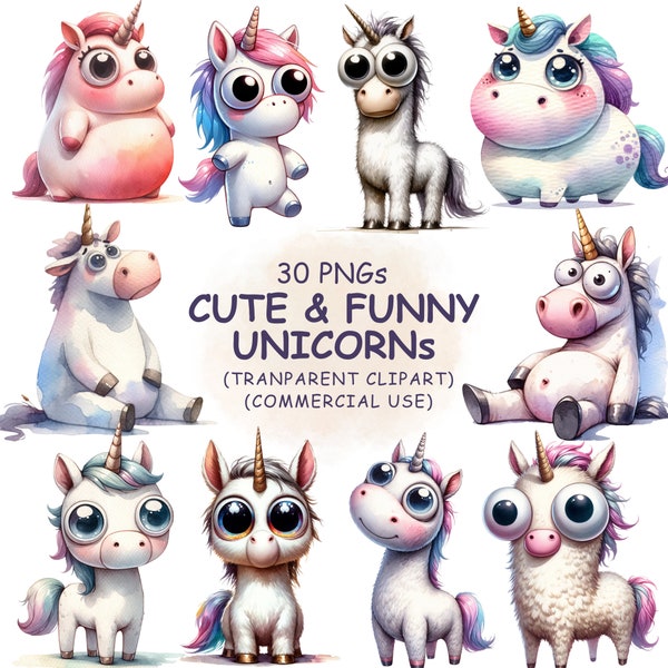 Cute & Funny Unicorn Clipart PNG Bundle - 30 Watercolor Fantasy Horses Animals | Transparent Clip Art | Digital Download | Commercial Use