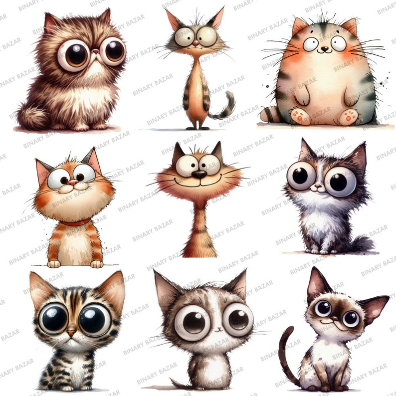 Funny Cats Cartoon Clipart – Watercolor Quirky Pet Animal PNG Bundle ...