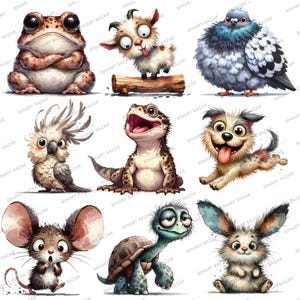 May include: A collection of nine cartoon animal illustrations. The animals include a frog, goat, pigeon, lizard, dog, mouse, turtle, and rabbit. Each animal is depicted in a whimsical and colorful style.