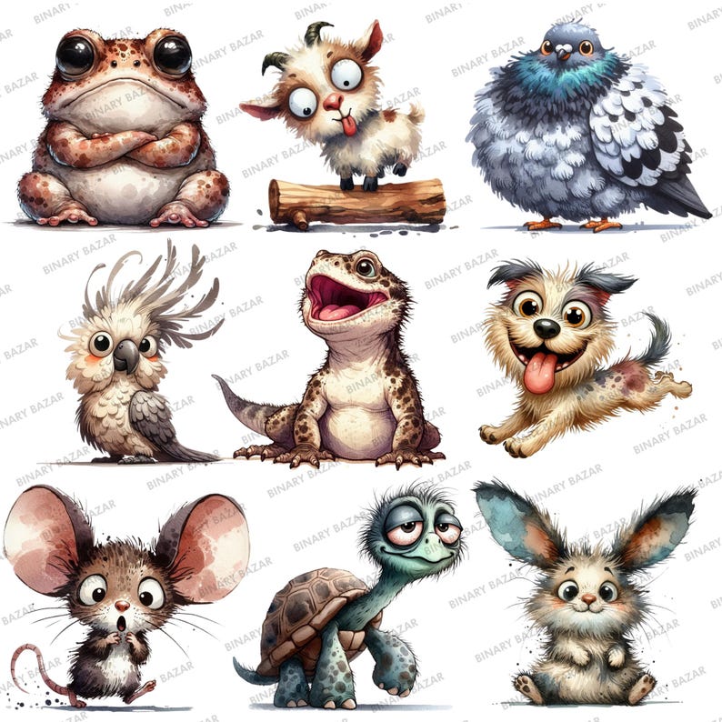 May include: A collection of nine cartoon animal illustrations. The animals include a frog, goat, pigeon, lizard, dog, mouse, turtle, and rabbit. Each animal is depicted in a whimsical and colorful style.