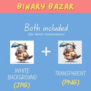 May include: A cartoon illustration of a bird wearing a raincoat and holding an umbrella. The image is available in two versions: one with a white background and one with a transparent background.