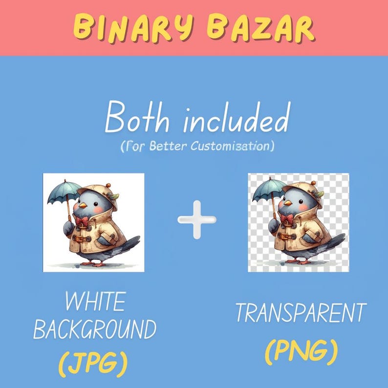 May include: A cartoon illustration of a bird wearing a raincoat and holding an umbrella. The image is available in two versions: one with a white background and one with a transparent background.