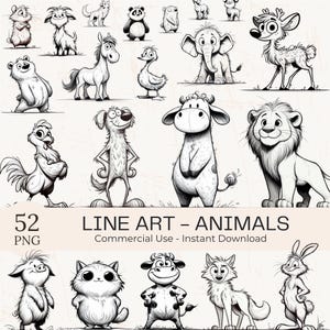 Ensemble de 52 cliparts animaux au trait PNG : dessin au trait noir et blanc (téléchargement numérique)