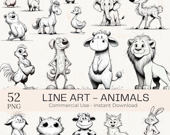 52 Animal Line Art Clipart PNG Bundle: Black & White Outline Drawing (Digital Download)