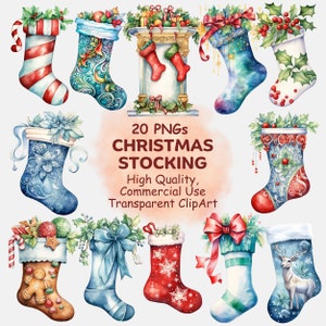 Watercolor Christmas Stocking Clipart: 20 PNG Images (Digital Download)