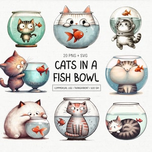 Funny Cat in Fish Bowl Clipart PNG Bundle: Commercial Use (Digital Download)