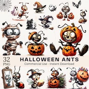 May include: A set of 32 PNG illustrations featuring Halloween-themed ants. The ants are dressed in costumes such as a mummy, witch, and pumpkin. The image also includes a spider web, ghost, and haunted house. Text reads "Halloween Ants".