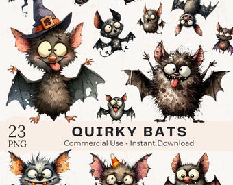 23 imágenes prediseñadas PNG de murciélagos originales: paquete de imágenes prediseñadas PNG de animales divertidos de Halloween en acuarela para sublimación (descarga digital)