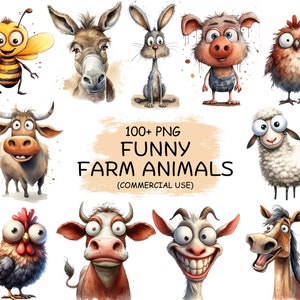 Mais de 100 animais de fazenda fofos e engraçados Clipart PNG Bundle - Vaca em aquarela, cabra, porco, ovelha, cavalo, galinha Clip Art para impressão - Uso comercial