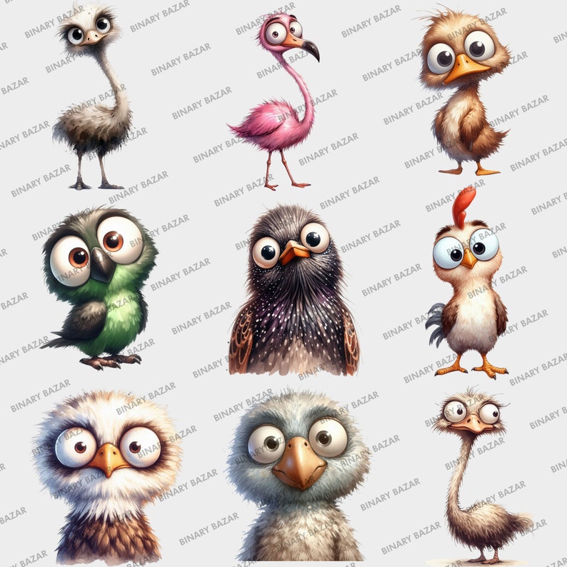 May include: A collection of eight cartoon animal illustrations with large eyes. The animals include an ostrich, a flamingo, a duck, a chicken, a parrot, a bird, an owl, and another ostrich.