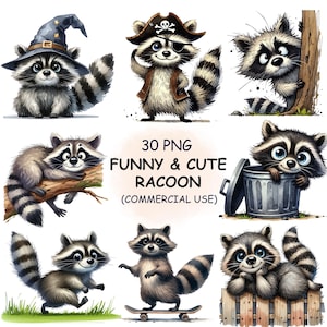 Lot de 30 cliparts PNG mignon drôle de chien viverrin - aquarelle animaux raton laveur insolites Clip Art - téléchargement numérique - usage Commercial