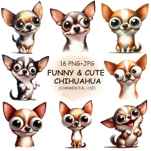 Bundle de cliparts PNG drôle et mignon chien chihuahua - 16 clipart chien original aquarelle, téléchargement numérique transparent imprimable | Utilisation commerciale
