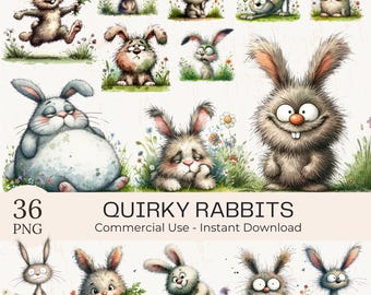 36 Quirky Rabbit Clipart - Watercolor Funny Easter Bunny PNG Bundle - Animals Sublimation Digital Download